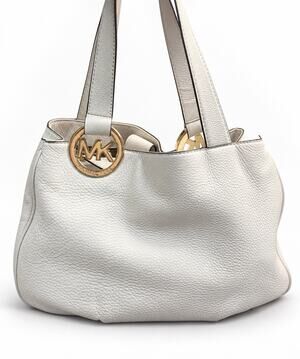 Michael Kors Ivory Pebbled Leather Large Shoulder Tote Bag Gold MK Logo 16"